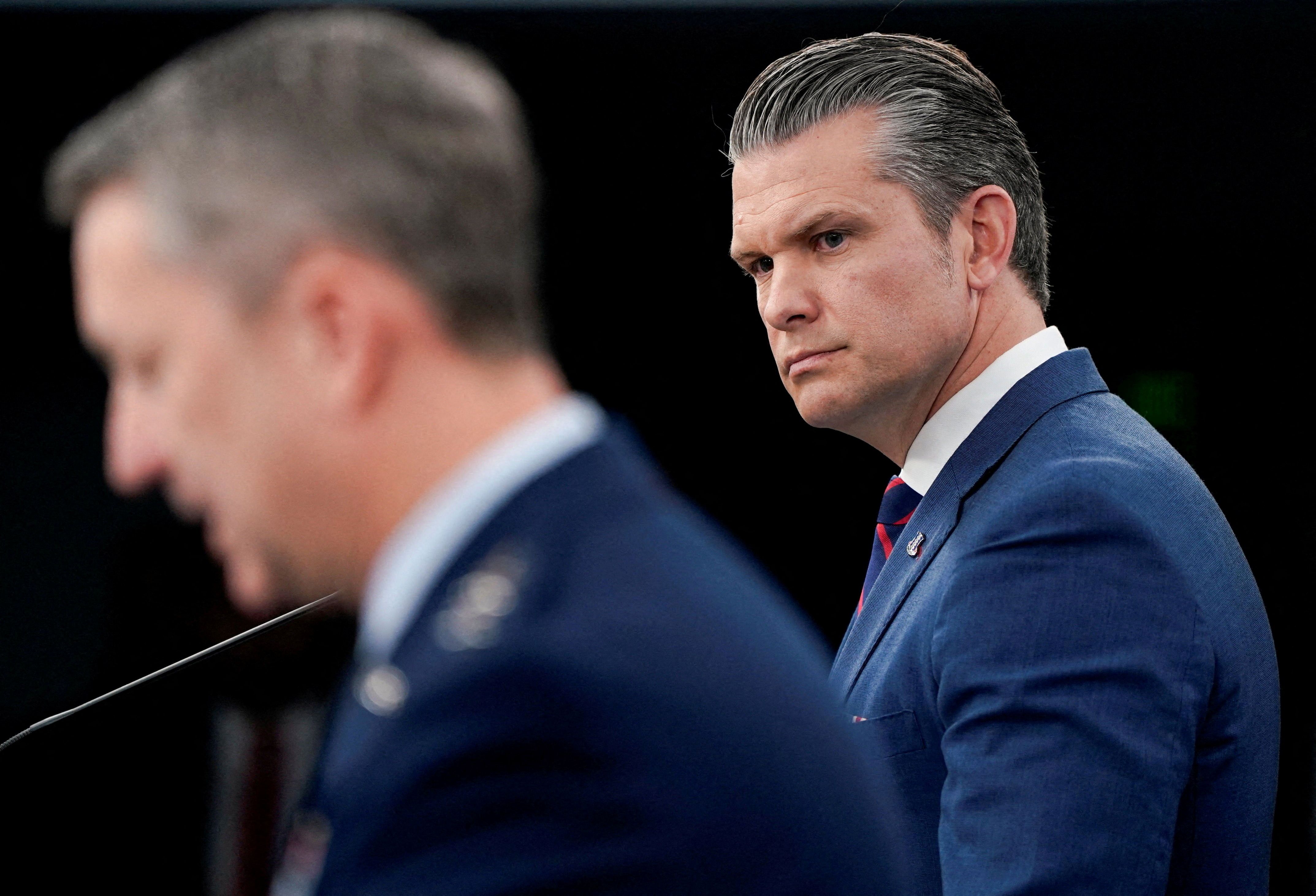 U.S. Secretary of Defense Pete Hegseth and Chairman of the Joint Chiefs of Staff General Dan Caine hold a briefing amid the U.S.-Israeli conflict with Iran, at the Pentagon