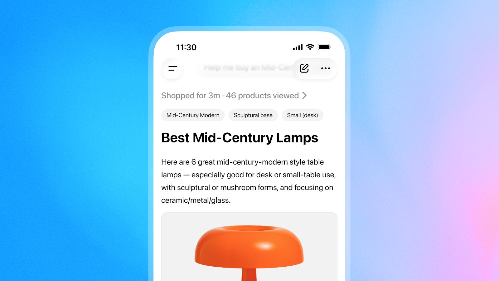 Screenshot of ChatGPT platform recommending lamps