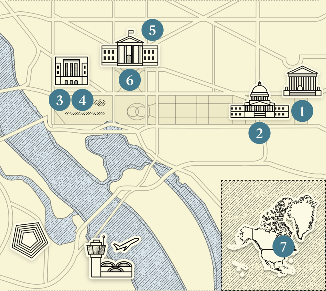 A numbered map of Washington, DC.