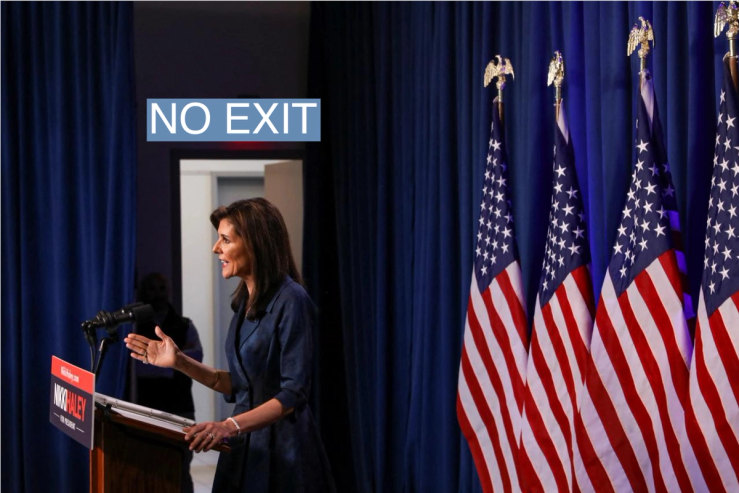Republican presidential candidate and former U.S. Ambassador to the United Nations Nikki Haley speaks during a campaign stop at the Clemson University in Greenville ONE building, ahead of the Republican presidential primary election on Feb. 20 in Greenville, S.C.