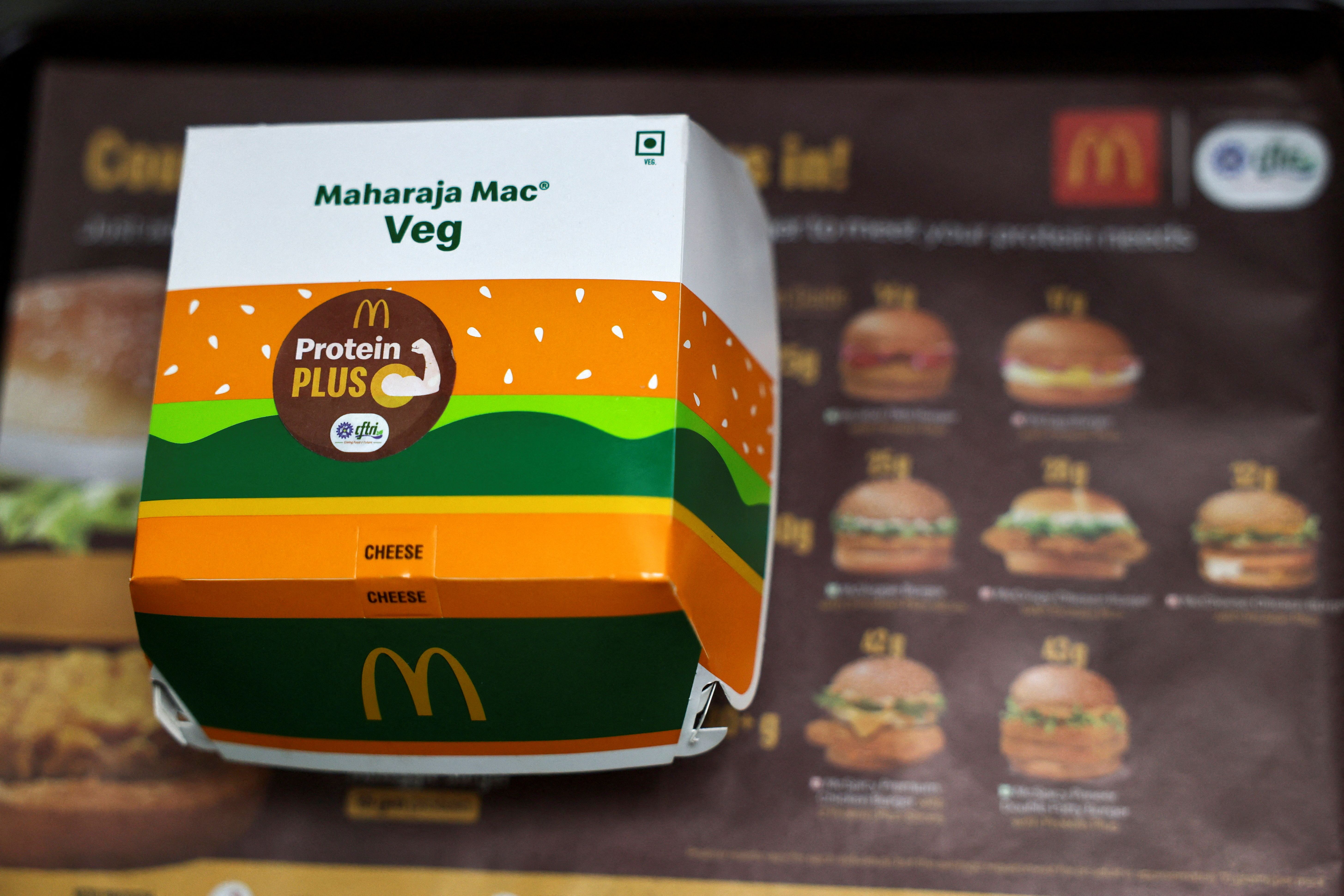 A Maharaja Mac vegetarian burger package with a Protein Plus sticker.
