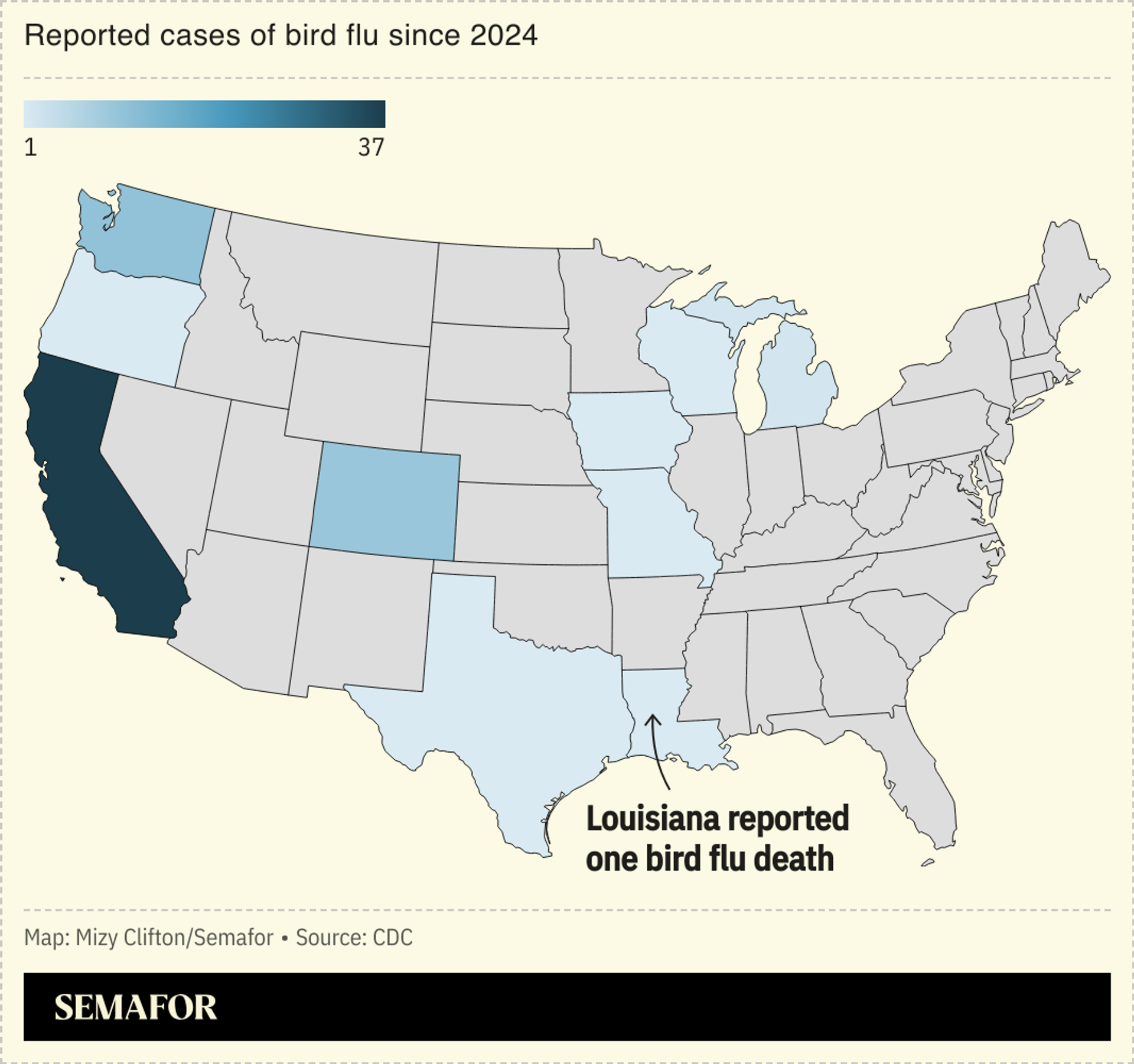 A map showing reported cases of bird flu since 2024 by US state