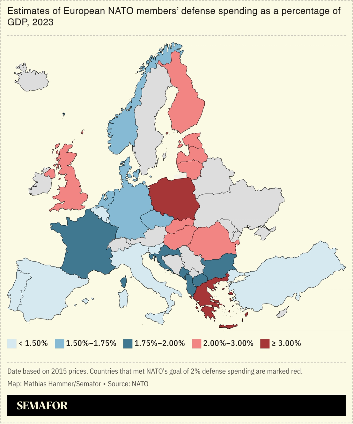 A chart showing an estimate of European NATO member countries’ defense spending for 2023.
