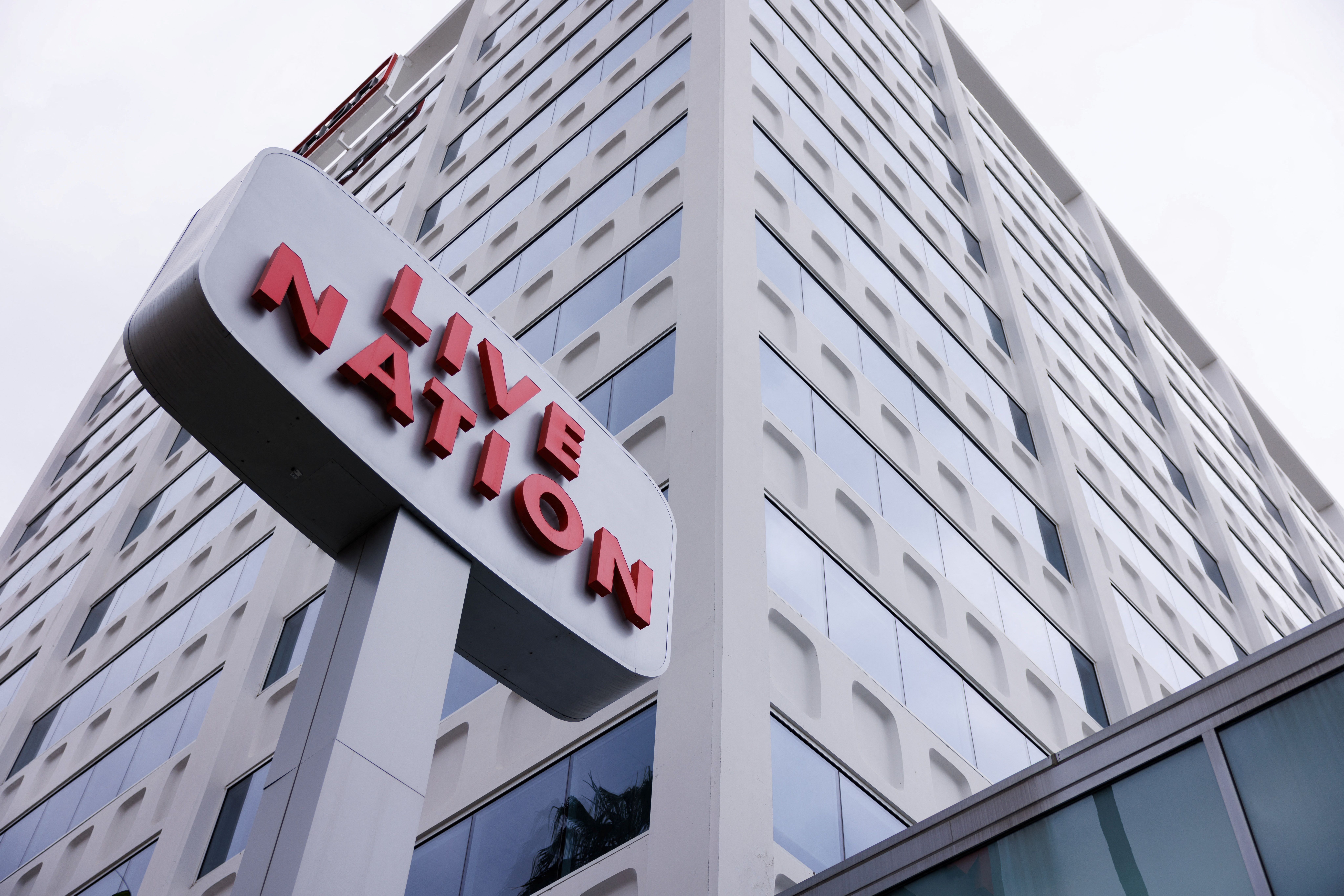 A Live Nation sign and office building stand along Hollywood Blvd