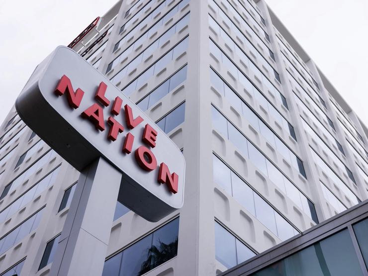 A Live Nation sign and office building stand along Hollywood Blvd