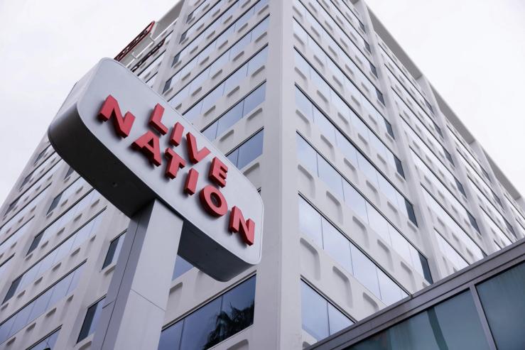 A Live Nation sign and office building stand along Hollywood Blvd
