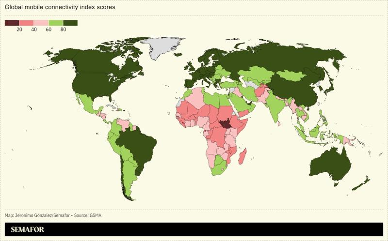 A map showing global mobile connectivity rates.
