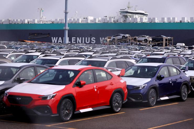 Newly manufactured cars of the automobile maker Subaru awaiting export.