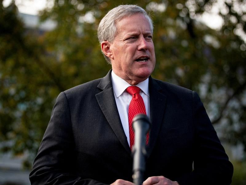 White House Chief of Staff Mark Meadows speaks to reporters following a television interview, outside the White House in Washington, U.S. October 21, 2020.