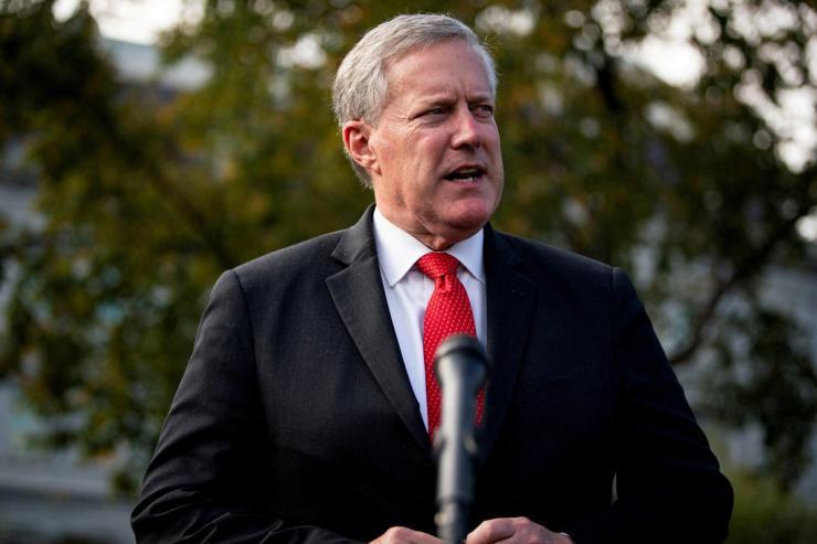 White House Chief of Staff Mark Meadows speaks to reporters following a television interview, outside the White House in Washington, U.S. October 21, 2020.