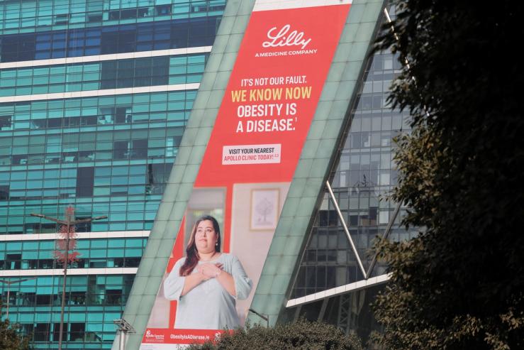 A hoarding of Eli Lilly on a building in Gurugram, India,