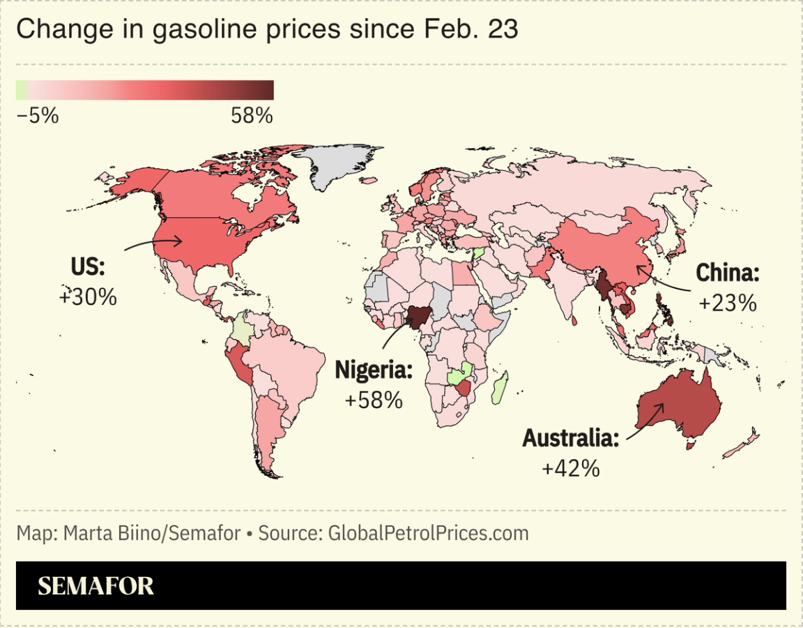 A chart showing the increase in gasoline prices worldwide since Feb. 27.