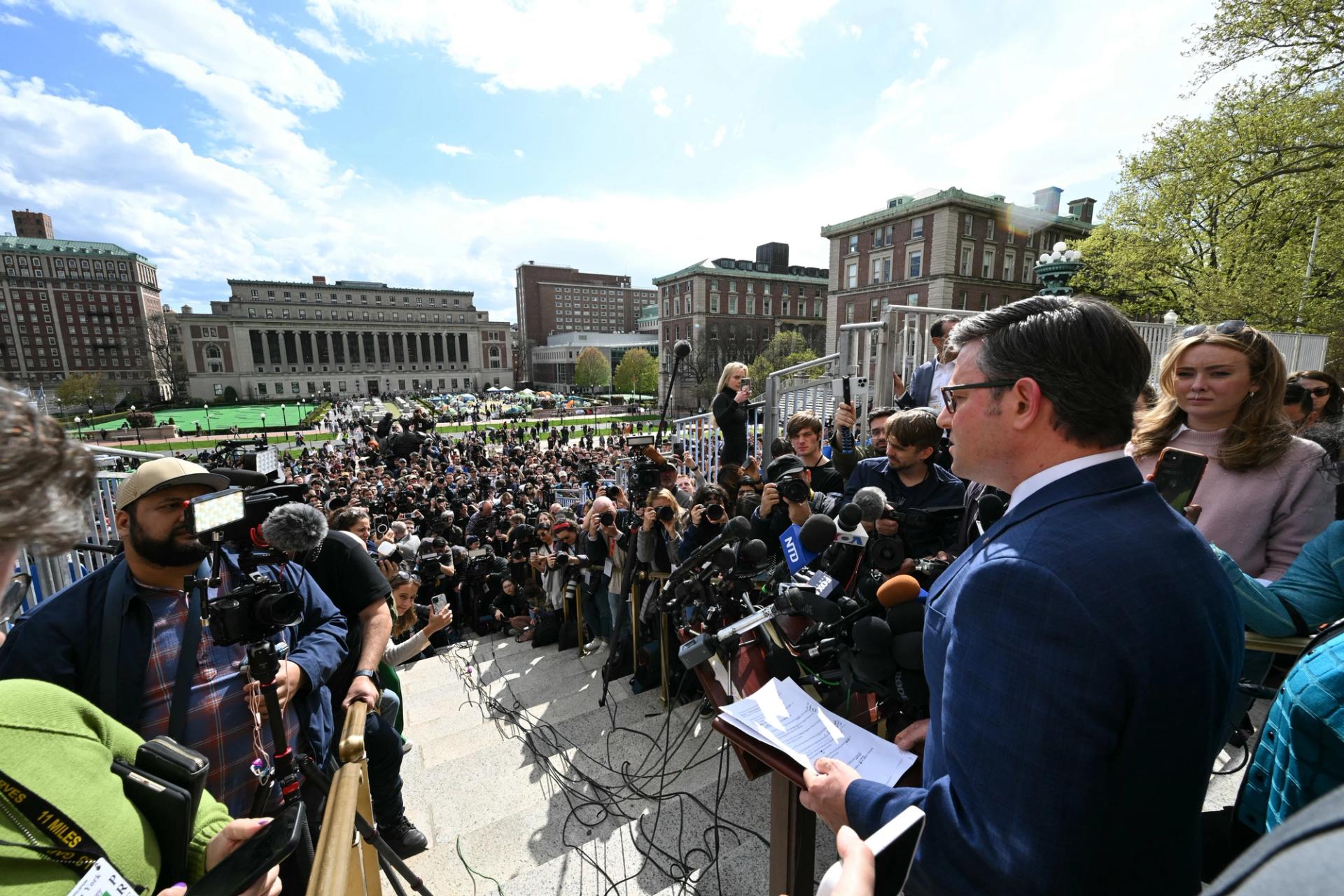 US Speaker of the House Mike Johnson speaks to the media at Columbia University on April 24, 2024. 