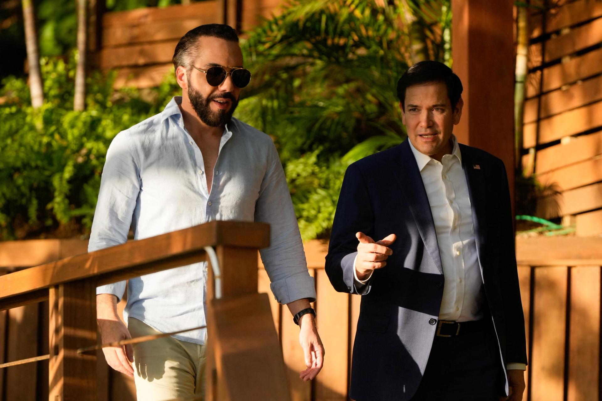 US Secretary of State Mark Rubio walks with President Nayib Bukele at his residence