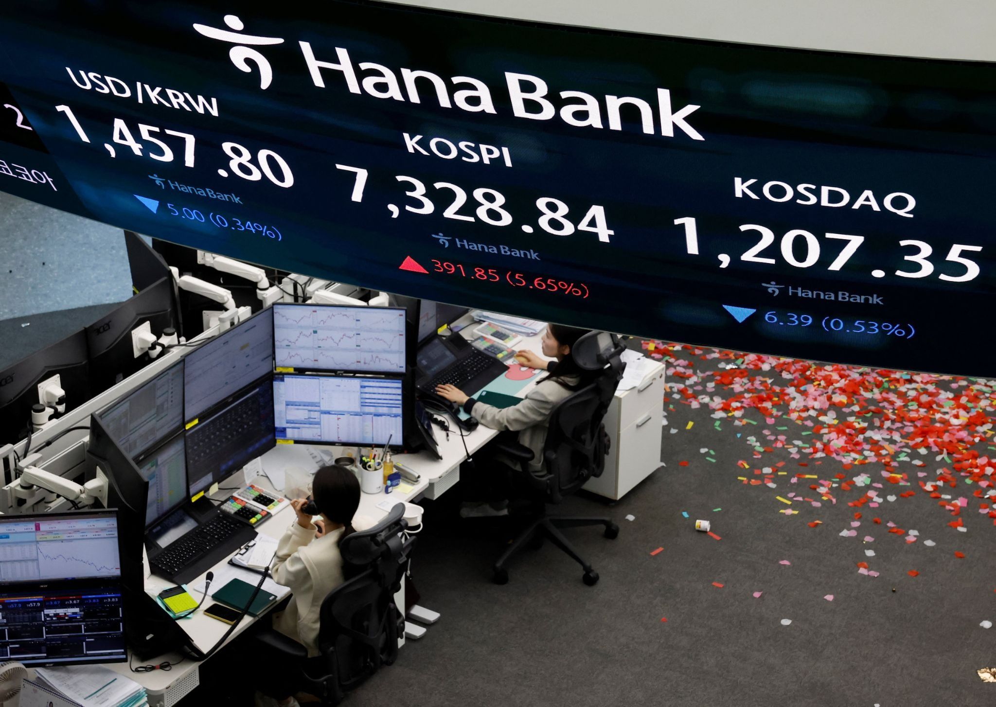 Currency dealers work as an electronic board displays the Korea Composite Stock Price Index. 