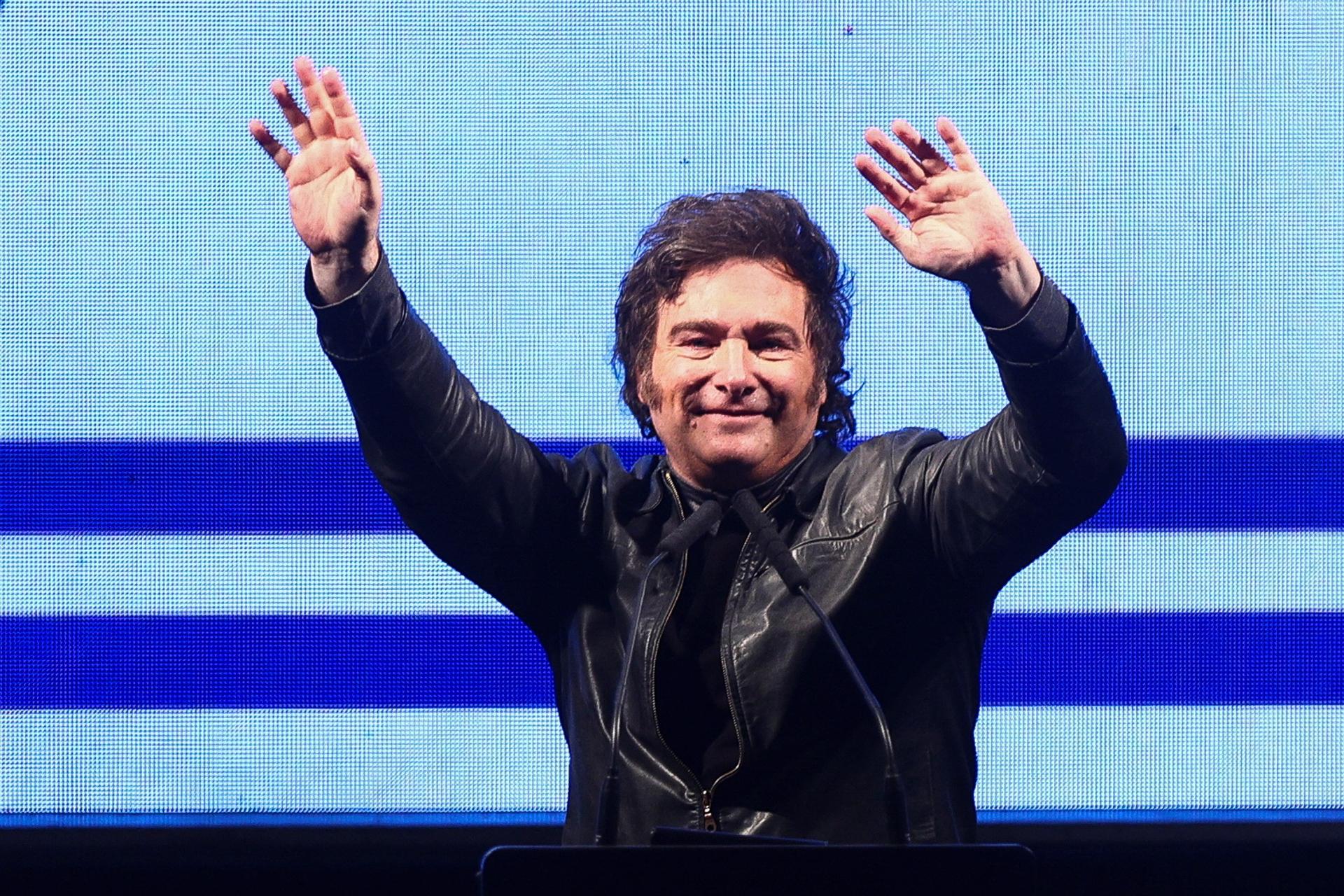 Argentina’s President Javier Milei gestures onstage during a rally in September