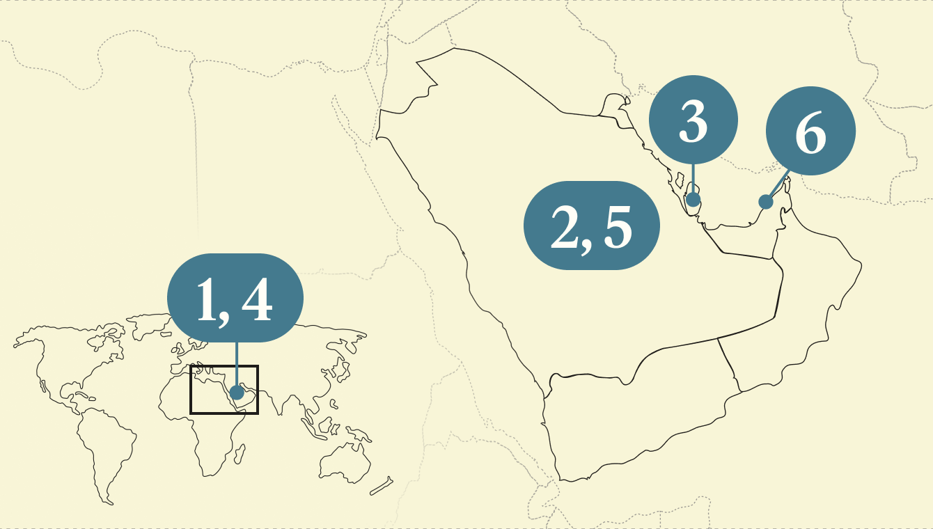 A numbered map of the Gulf region.