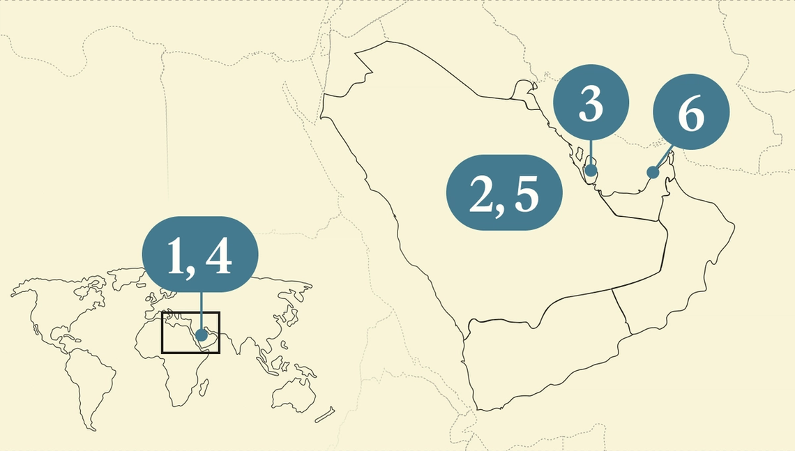 A numbered map of the Gulf region.