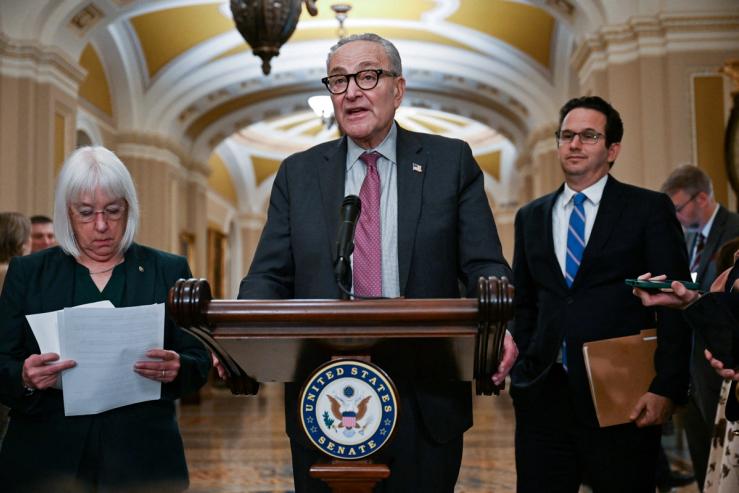 Senate Minority Leader Chuck Schumer holds a press conference