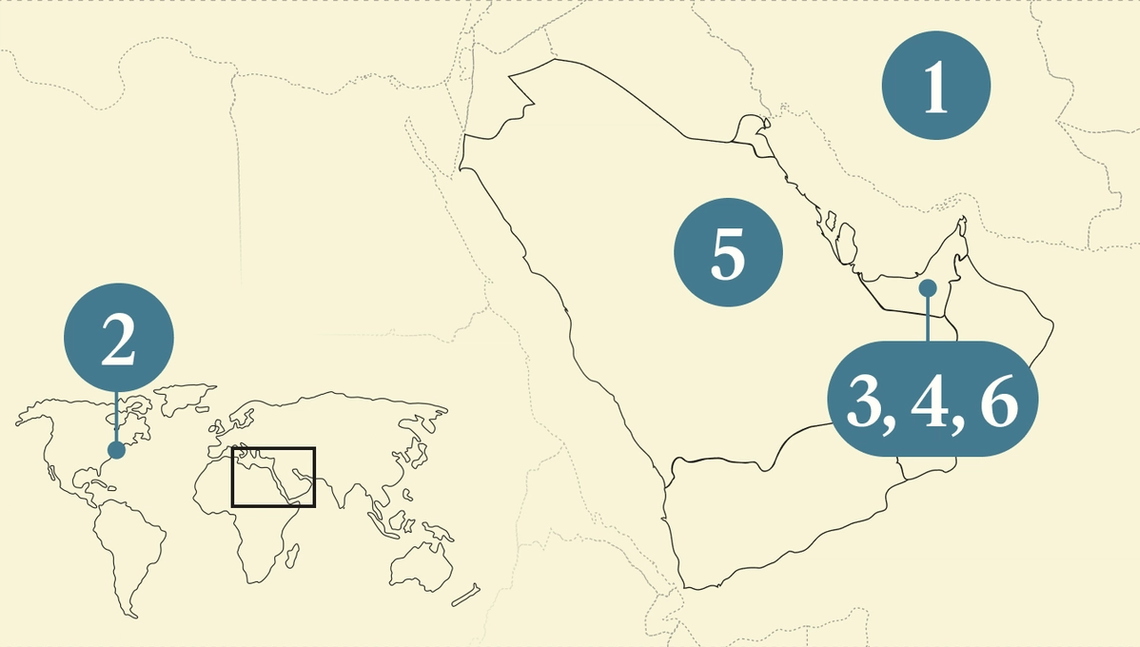 A numbered map of the Gulf region.