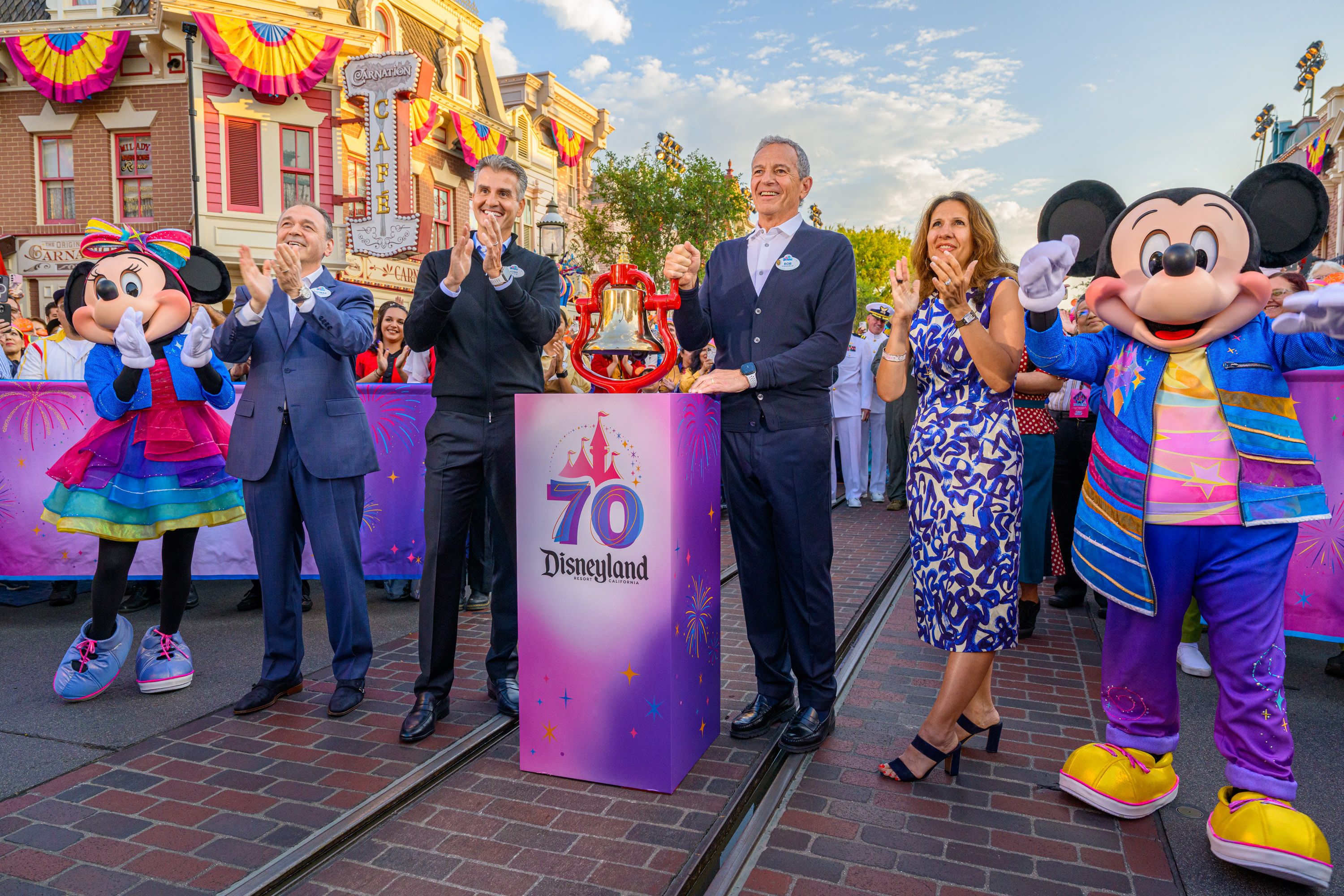 Disney Experiences Chairman Josh D’Amaro and The Walt Disney Company Chief Executive Officer Bob Iger speak during the 70th anniversary celebrations of Disneyland Resort on July 17, 2025.