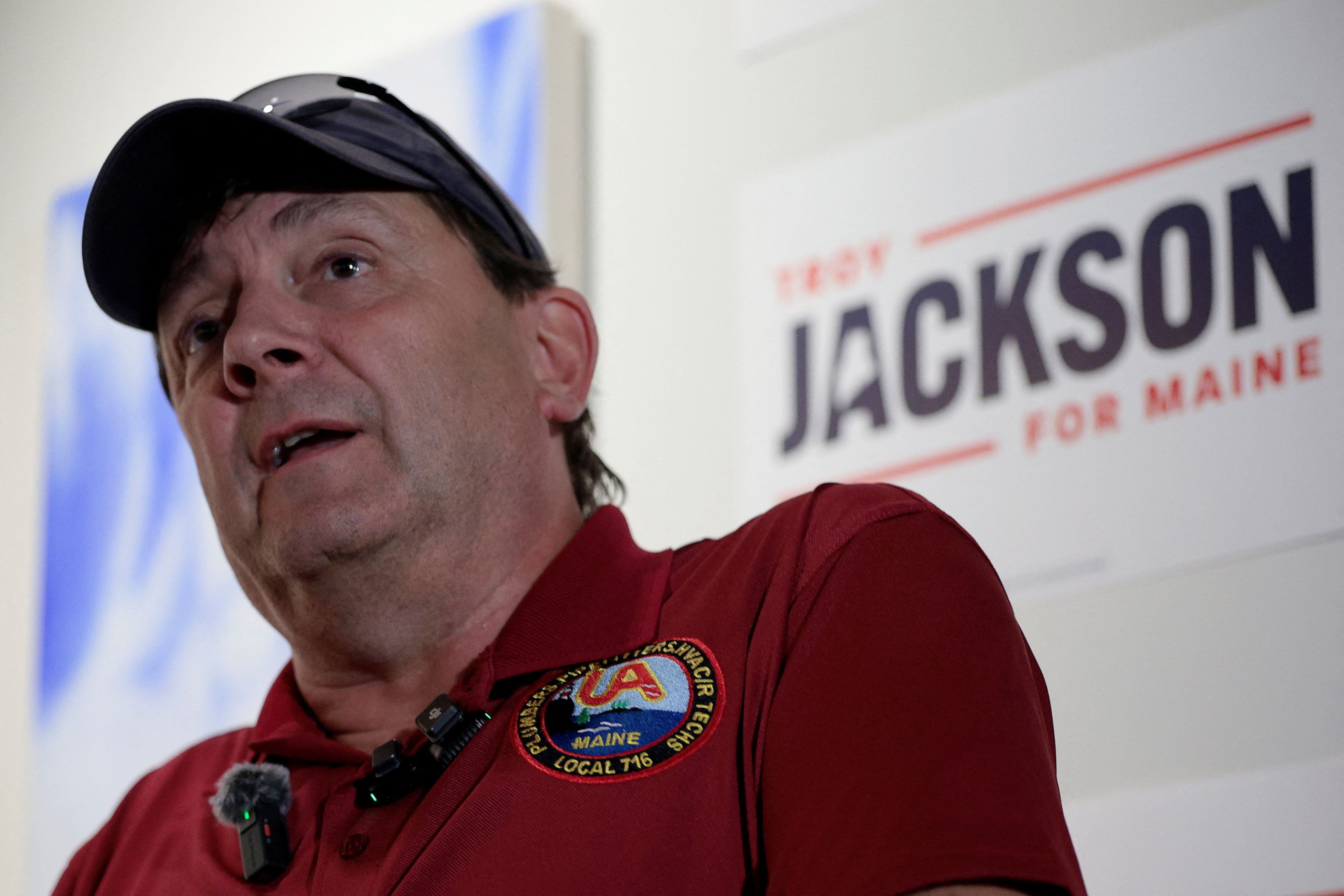 Democratic candidate for the U.S. Senate Troy Jackson speaks during a campaign stop at the Supper Club Cocktail Lounge in Portland, Maine.