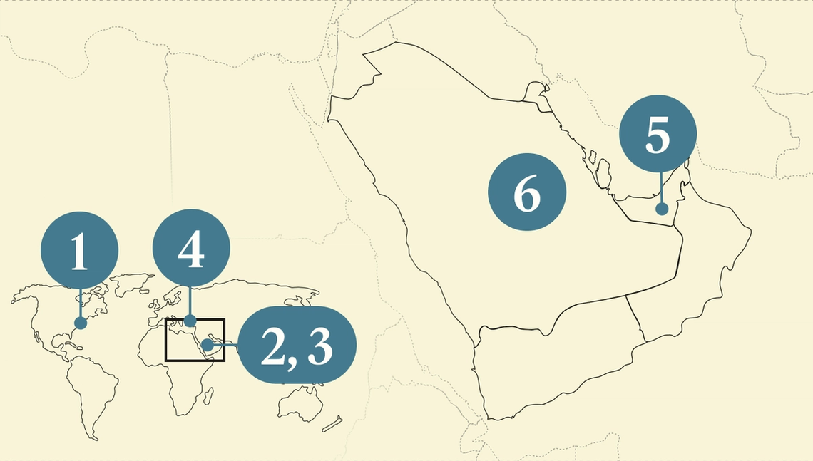 A numbered map of the Gulf region.