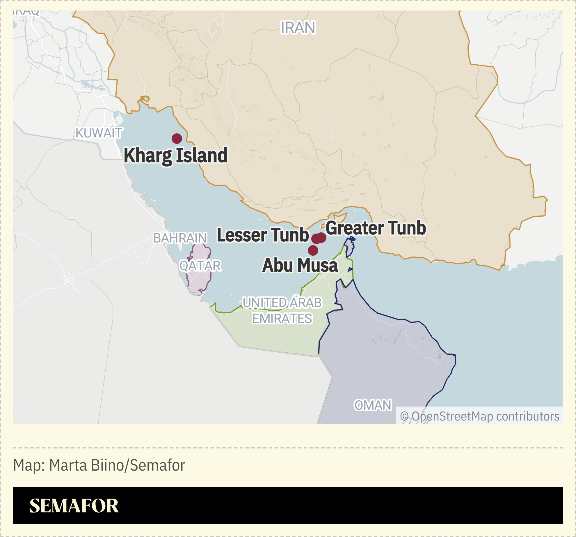 A map showing islands in the Strait of Hormuz.