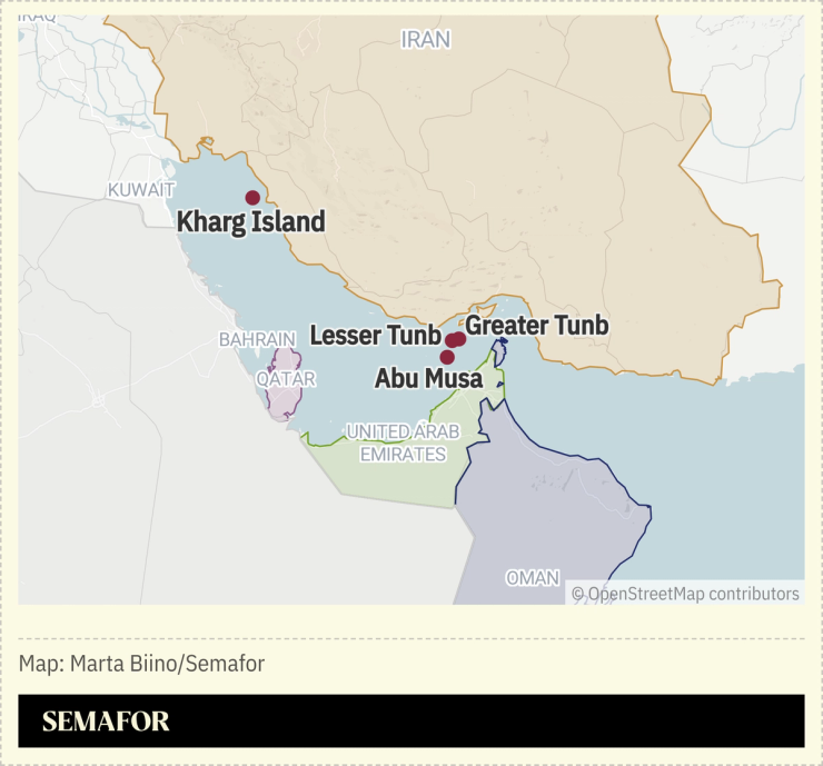 A map showing islands in the Strait of Hormuz.