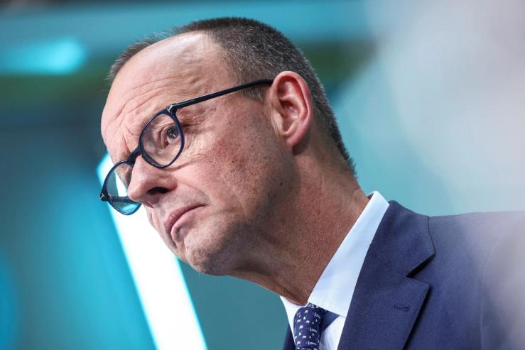Friedrich Merz attends a press conference following the election in Berlin.