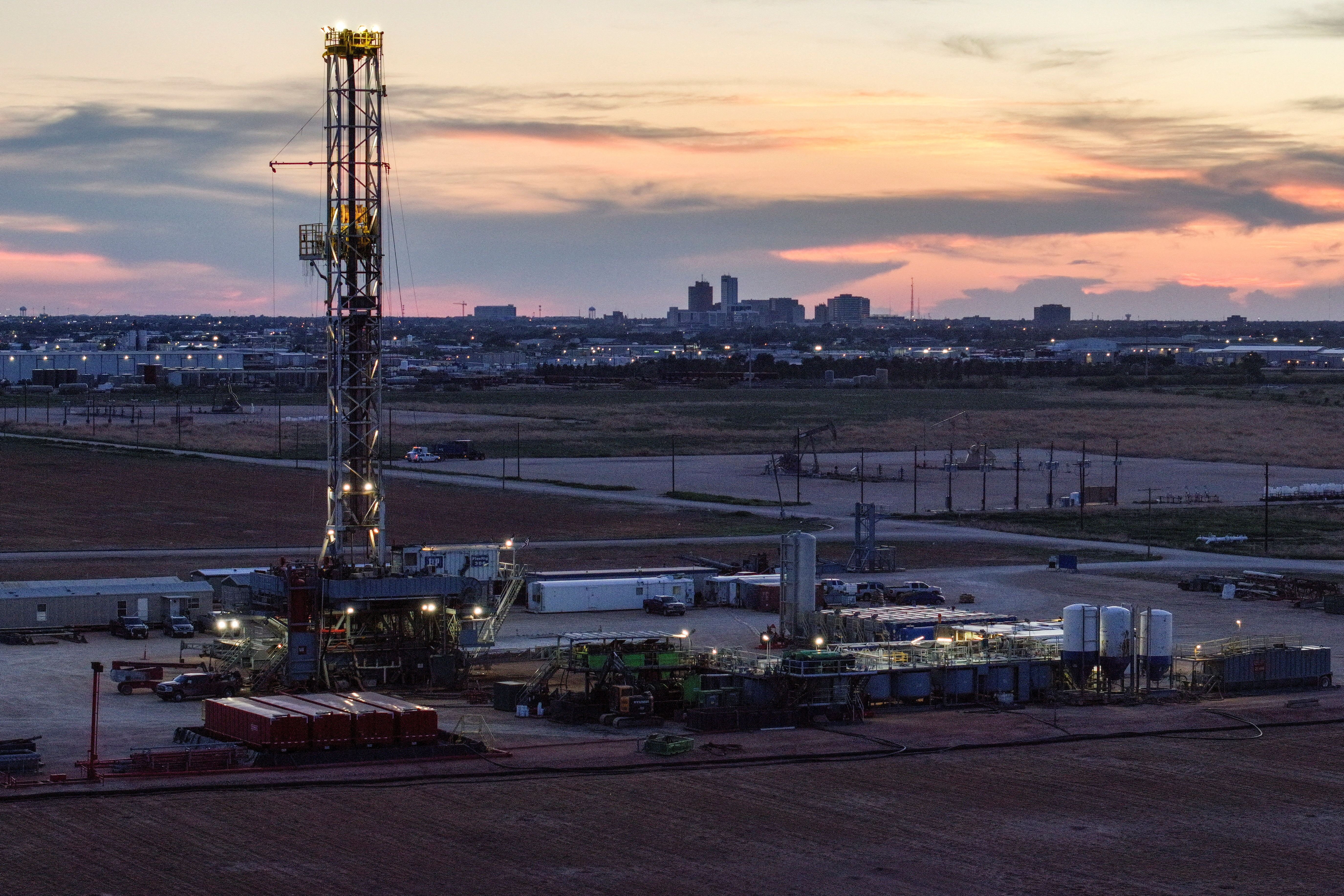 A drone view of a drilling rig south of Midland, Texas.
