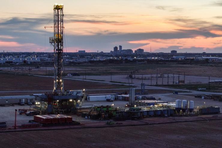 A drone view of a drilling rig south of Midland, Texas.