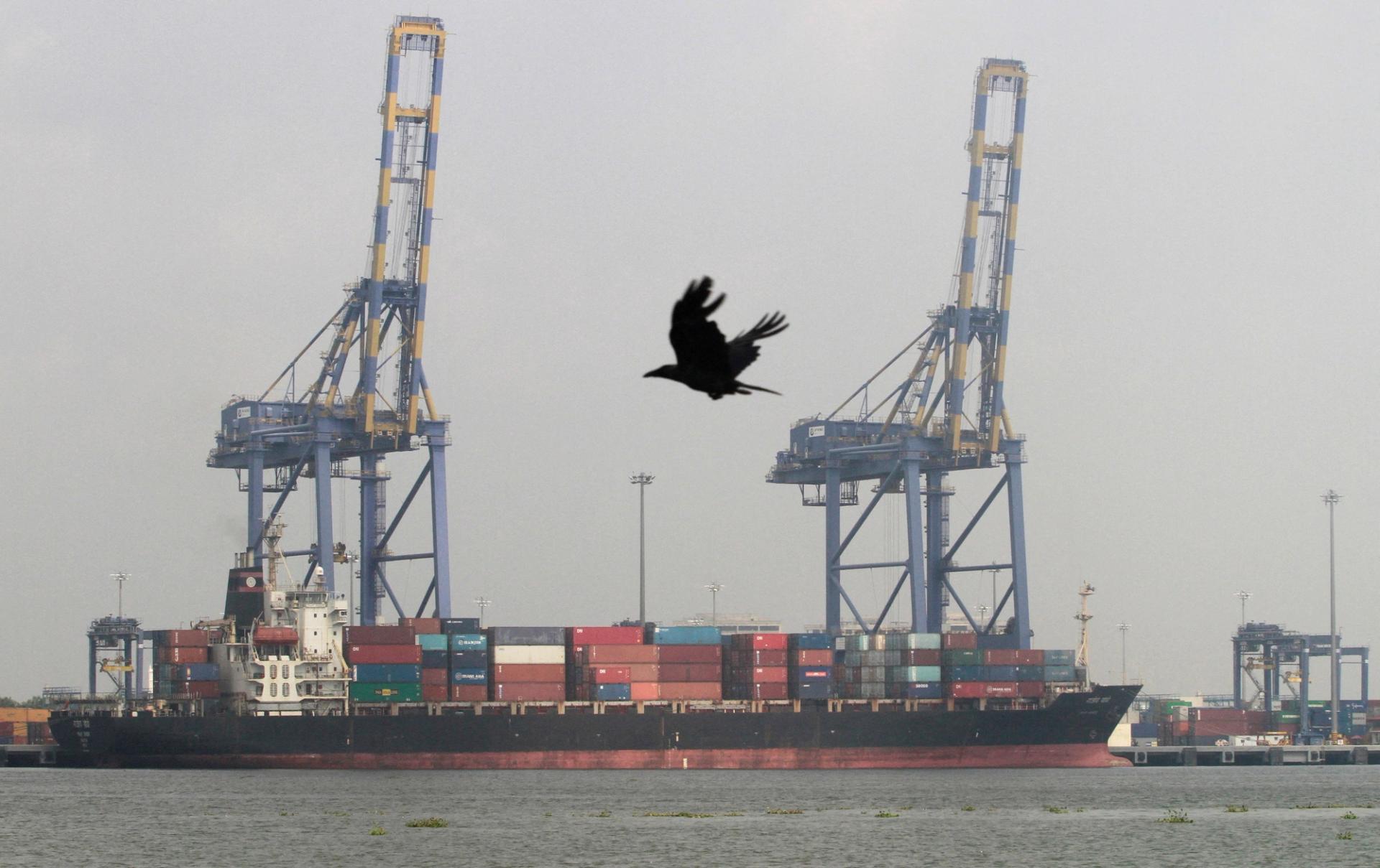 An image of a docked container ship in the southern Indian city of Kochi