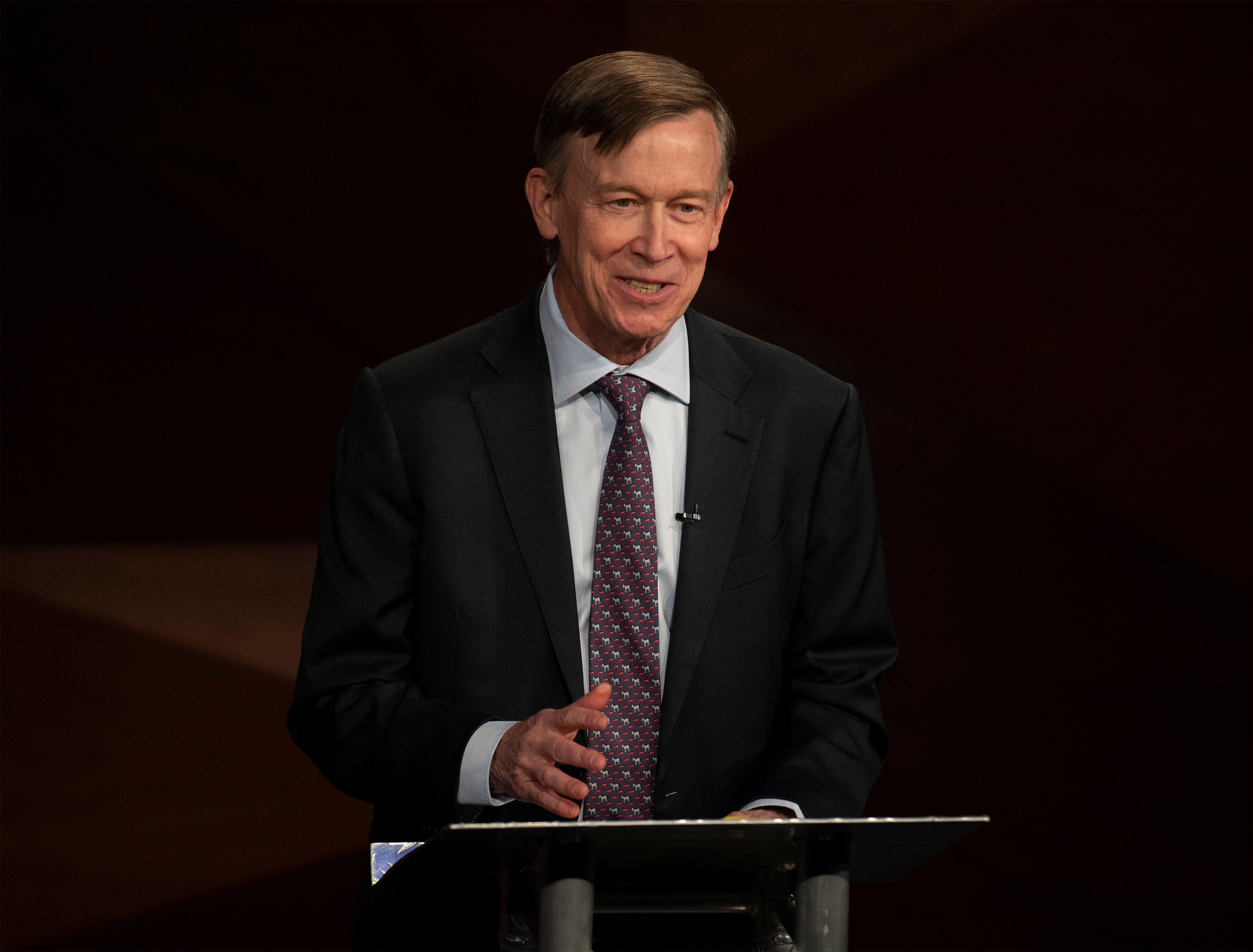 Democratic challenger and former Colorado Gov. John Hickenlooper speaks during the final debate with Republican US Sen. Cory Gardner in the 2020 race for Colorado’s U.S. Senate seat at Colorado State University in Fort Collins, Colorado, US