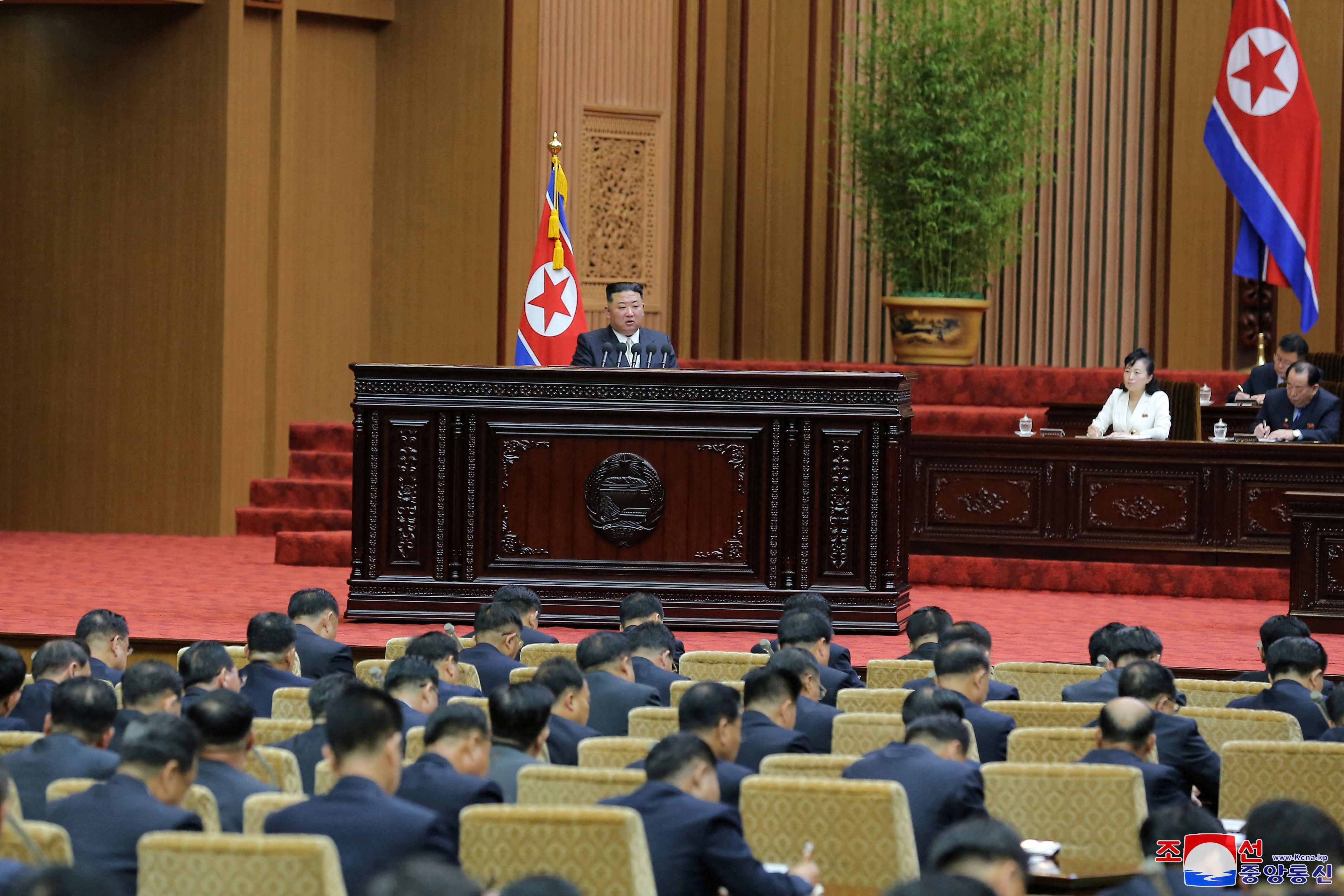 North Korea’s leader Kim Jong Un addresses the Supreme People’s Assembly, North Korea’s parliament, which passed a law officially enshrining its nuclear weapons policies, in Pyongyang, North Korea, September 8, 2022 in this photo released by North Korea’s Korean Central News Agency (KCNA).