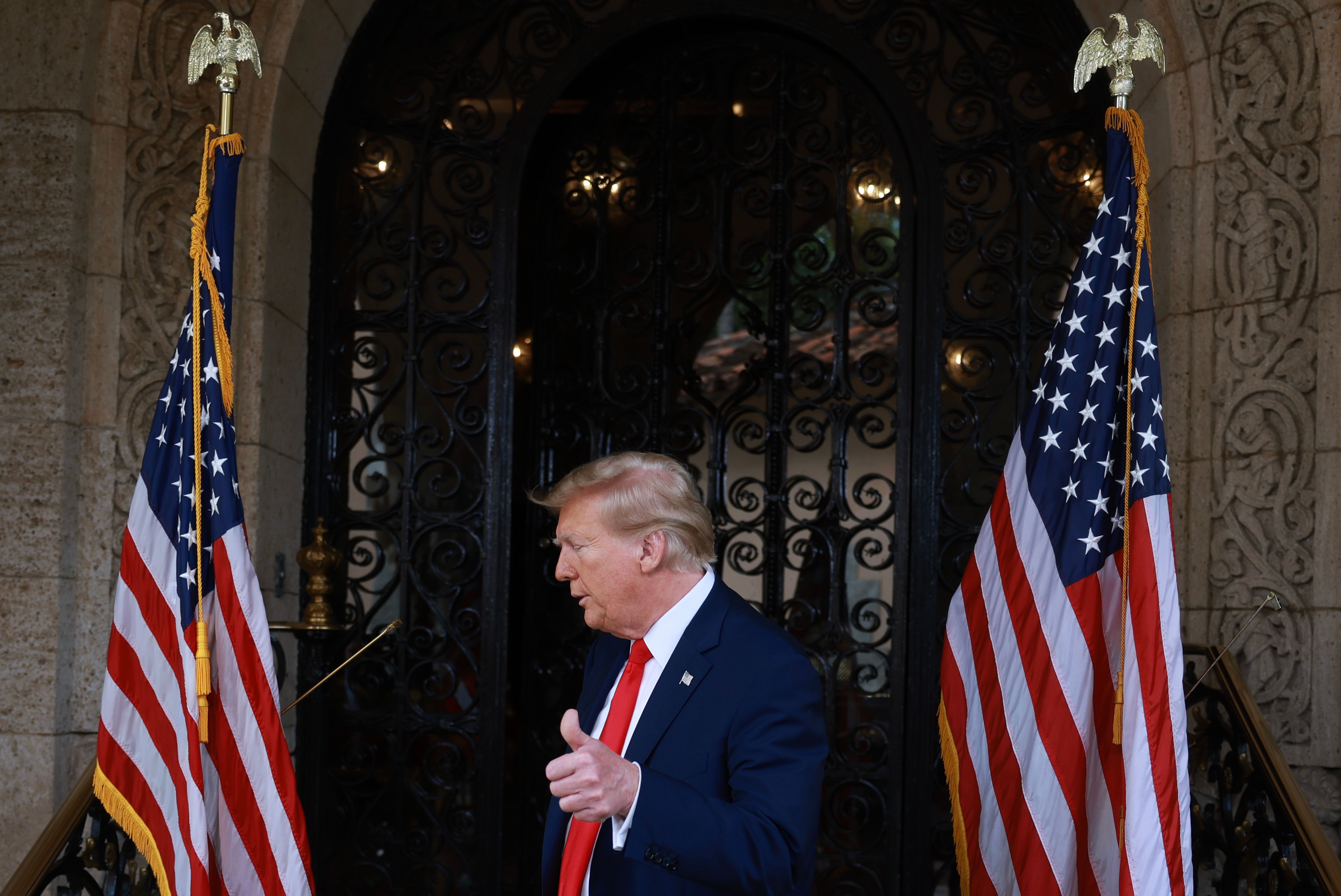 Former U.S. President Donald Trump speaks during a press conference at his Mar-a-Lago club on Feb. 8, 2024.