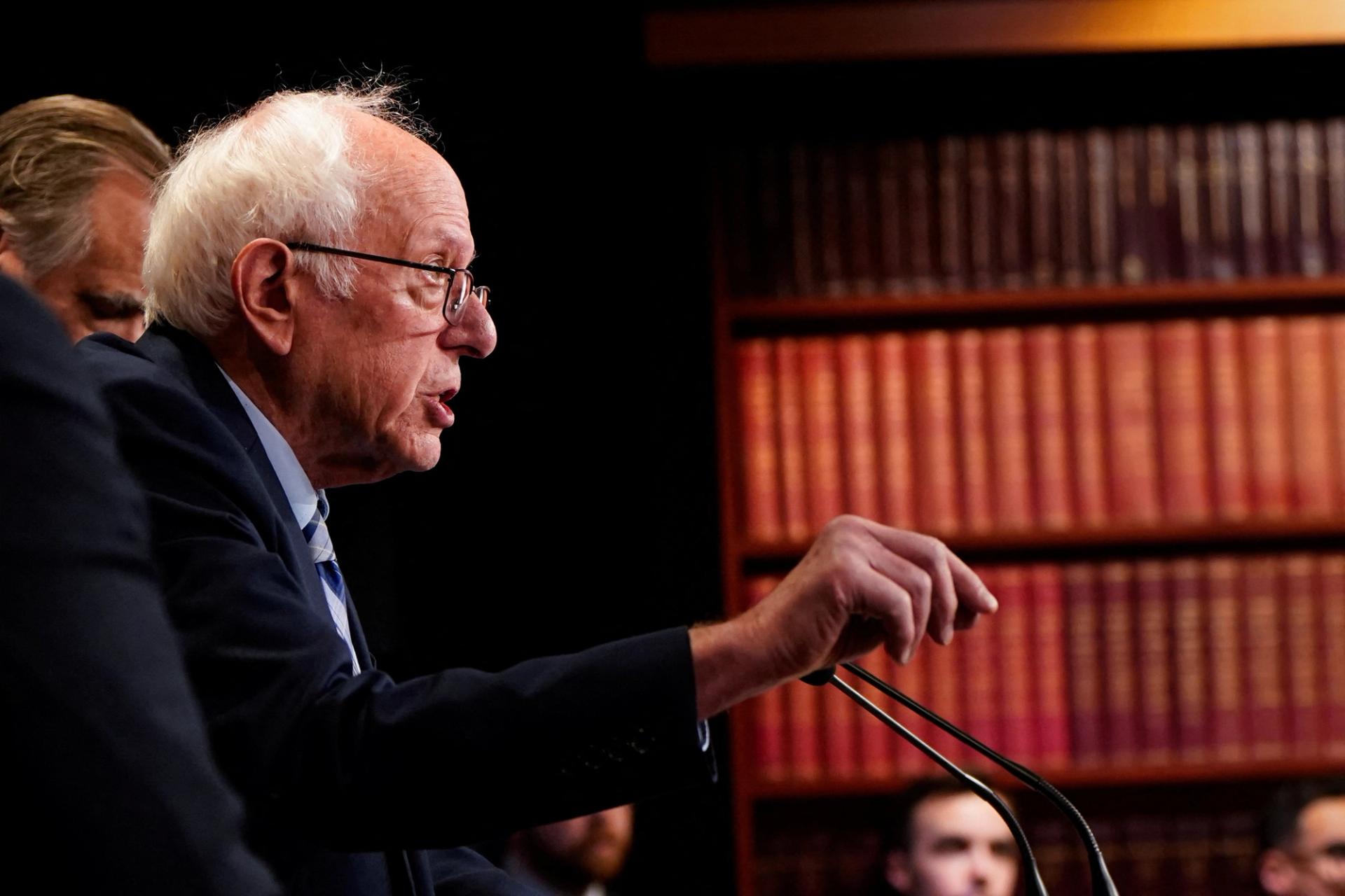 US Senator Bernie Sanders (I-VT) speaks during a press conference regarding legislation that would block offensive US weapons sales to Israel, at the US Capitol in Washington