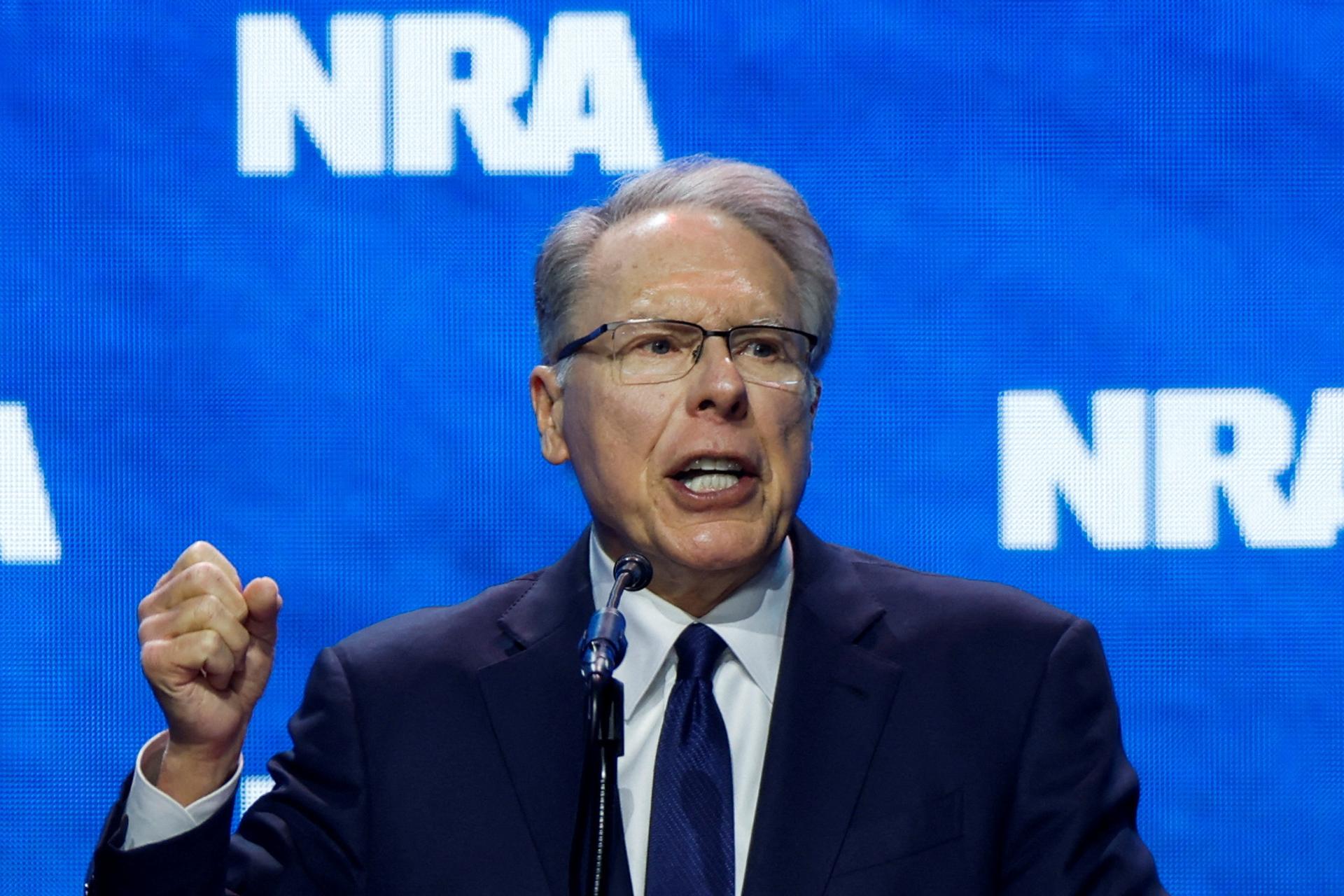  NRA Executive Vice President and CEO Wayne LaPierre speaks at the National Rifle Association (NRA) annual convention in Indianapolis, Indiana, U.S., April 14, 2023.