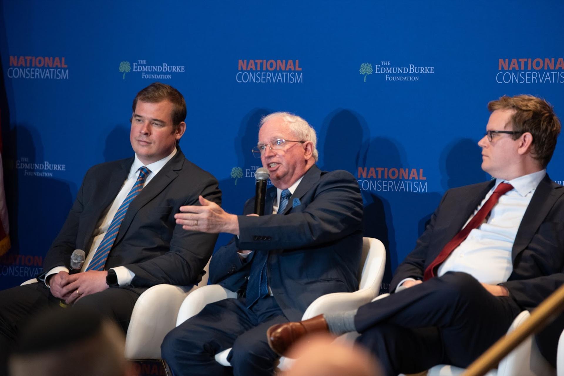 Mike Howell, John Eastman and Will Chamberlain speak at the 2024 National Conservatism Conference panel, ''Lawfare: Criminalization of Politics,'' on July 8, 2024. 