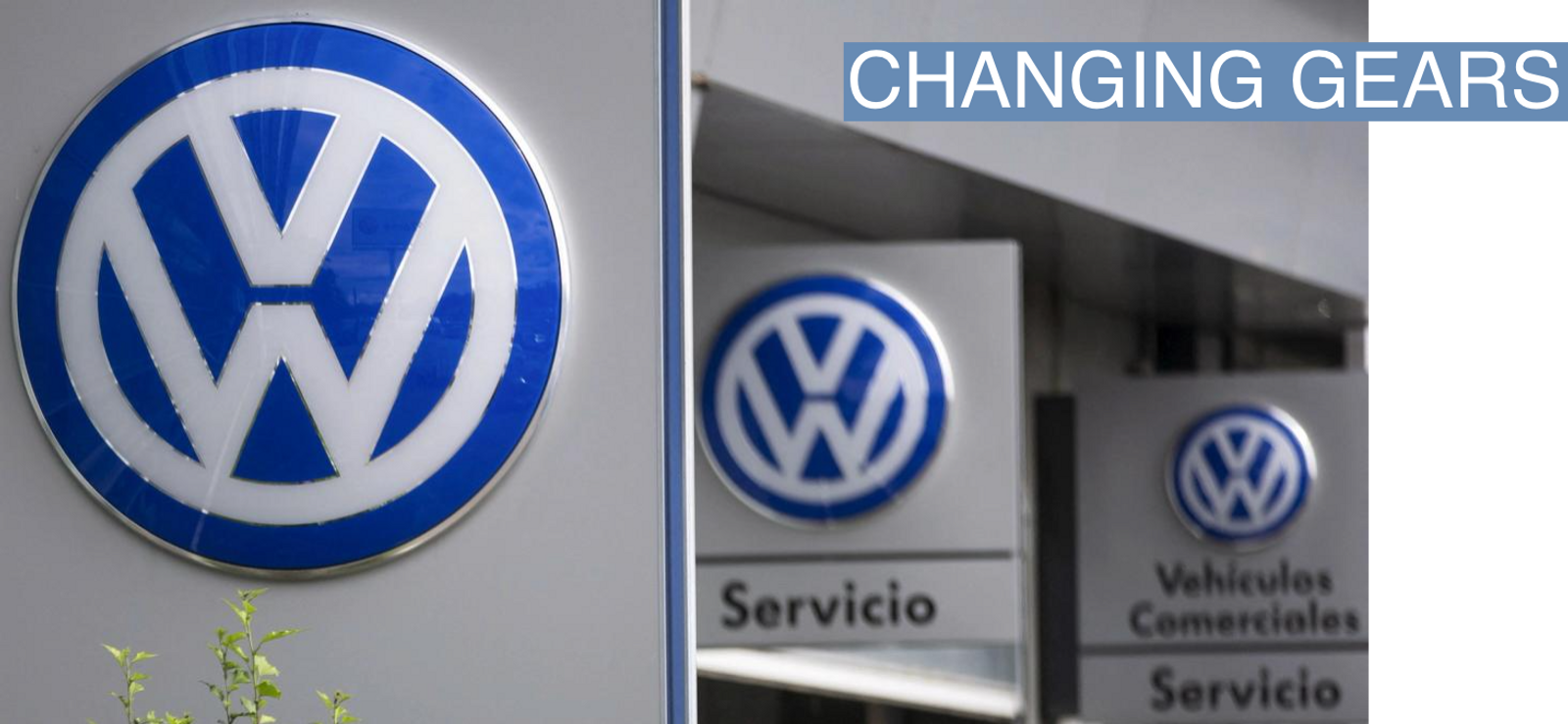 Volkswagen logos at a dealership in Madrid.