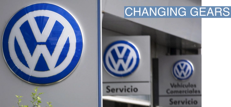 Volkswagen logos at a dealership in Madrid.