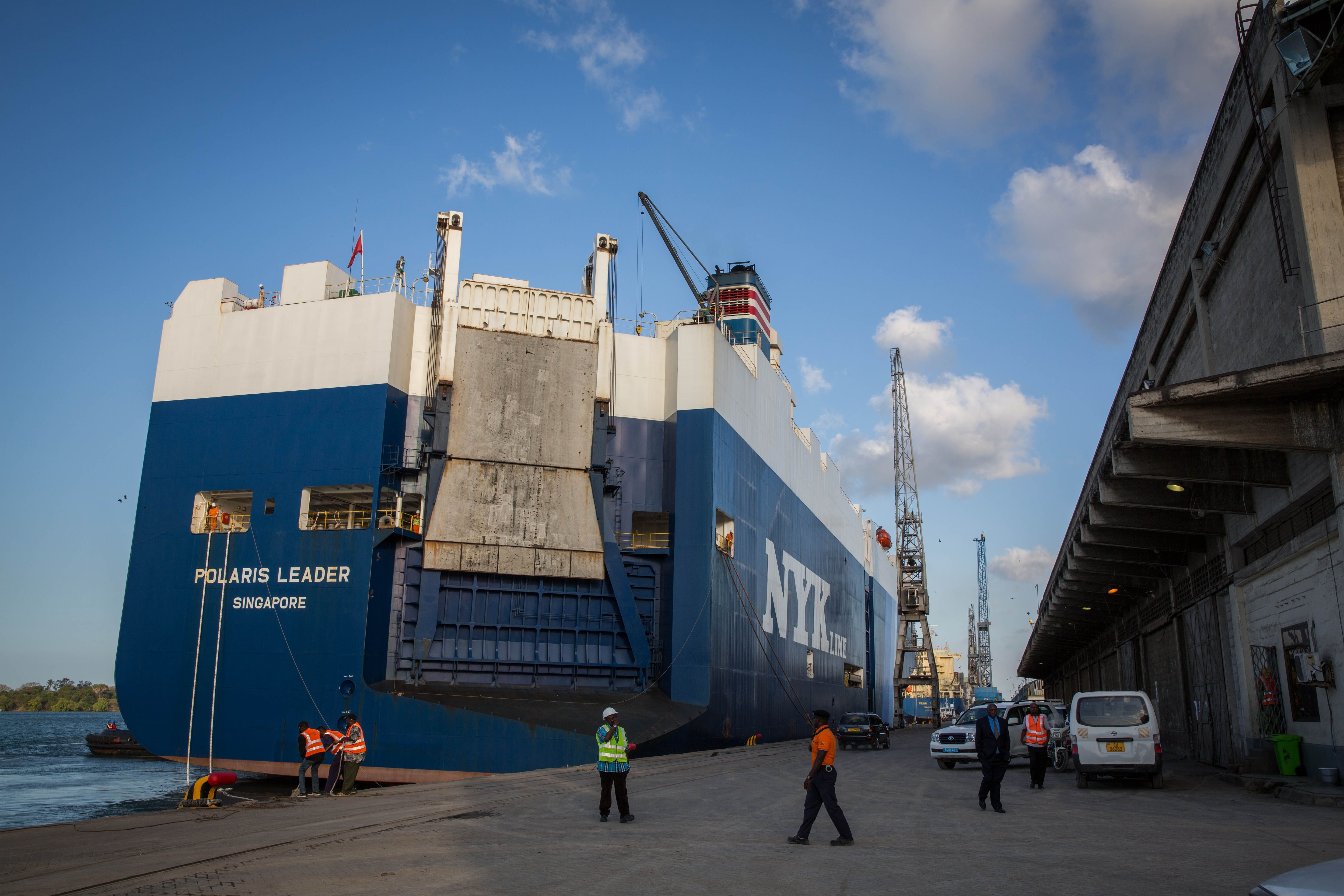 A large shipping vessel docked at the port in Dar es Salaam. 