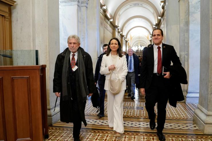 Venezuelan opposition leader Maria Corina Machado meets with US senators on Capitol Hill in Washington
