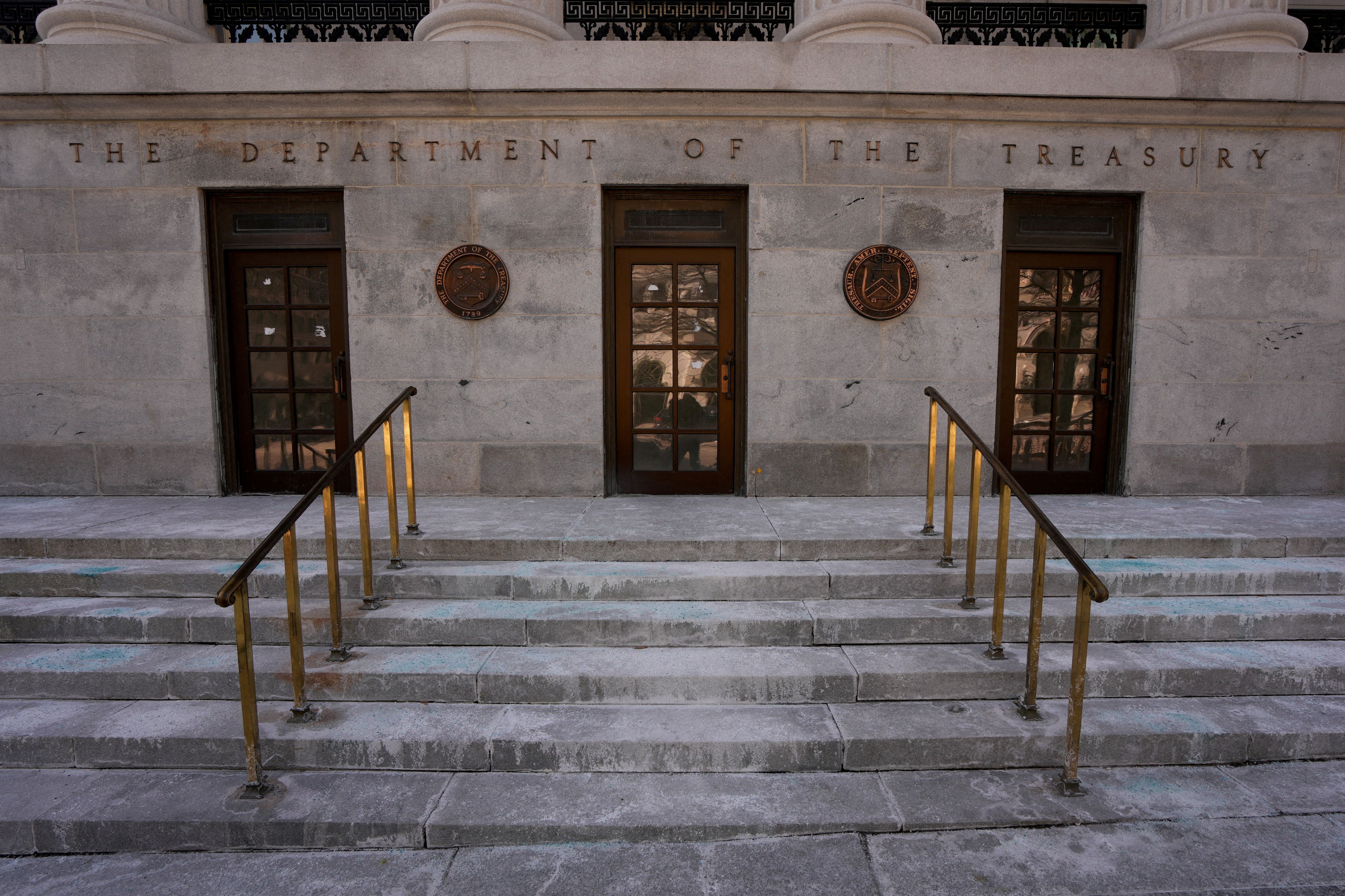 A view of the entrance to the US Treasury. 