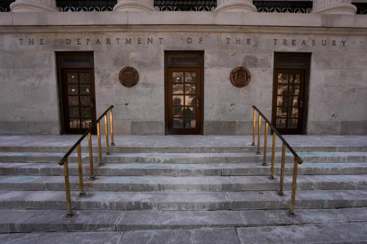 A view of the entrance to the US Treasury.