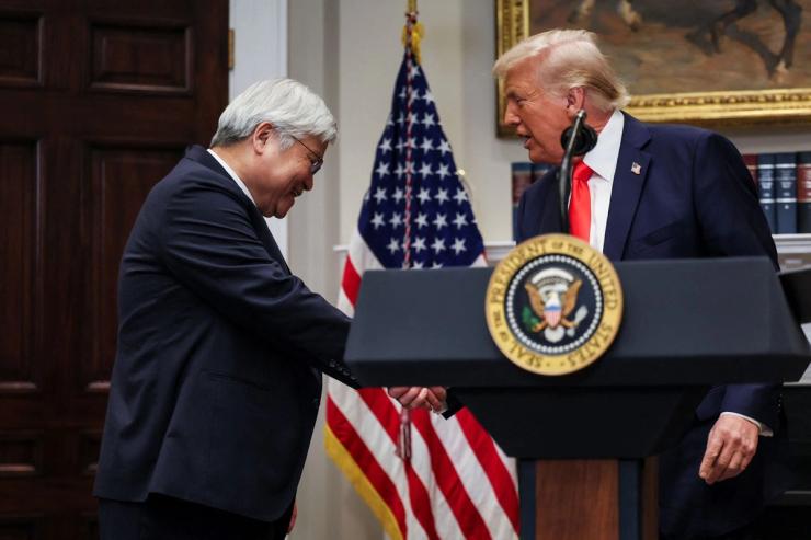 US President Donald Trump greets CC Wei, Chairman and CEO of TSMC, in the Roosevelt Room at the White House.