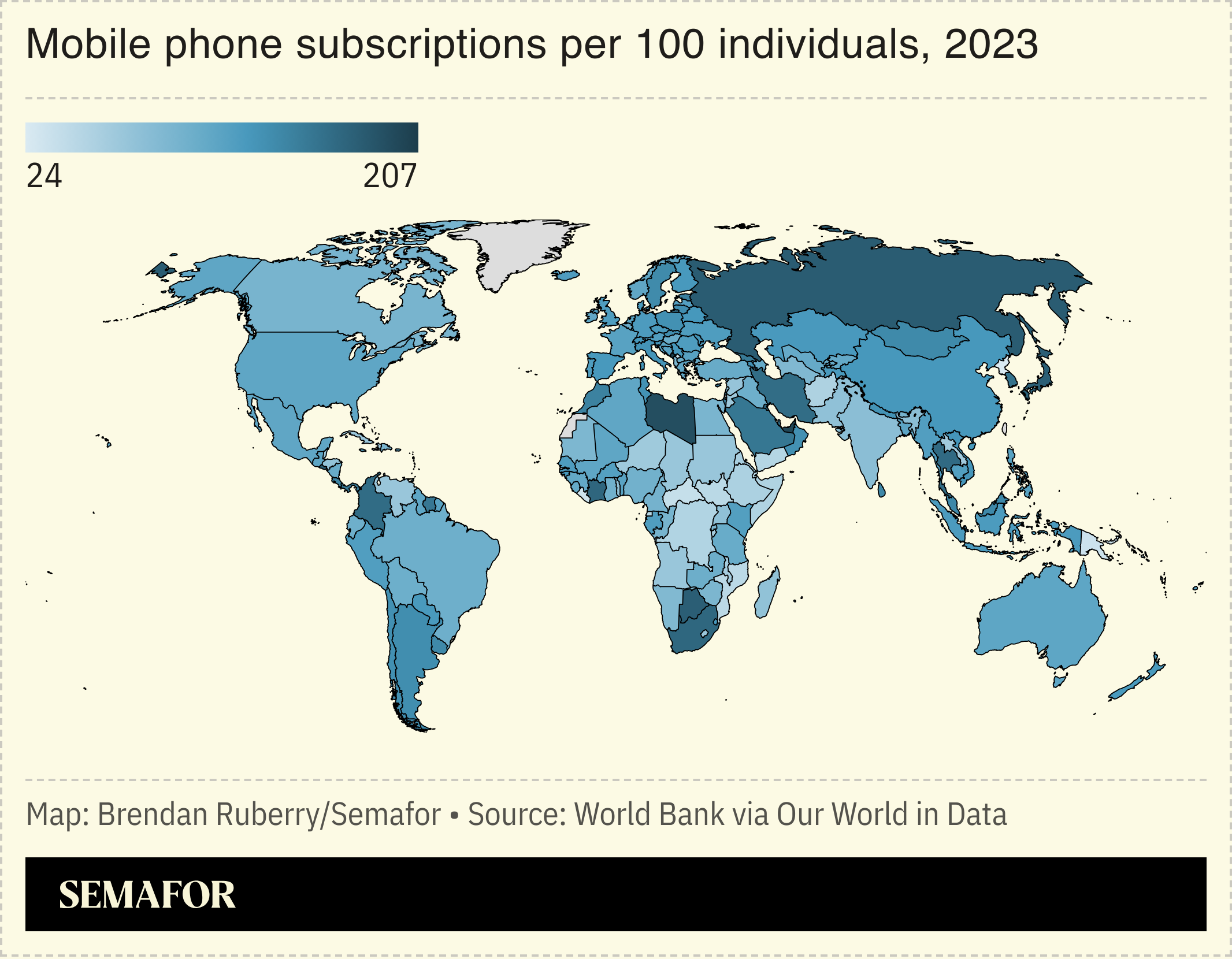 Chart showing mobile phone subscriptions per 100 individuals, 2023
