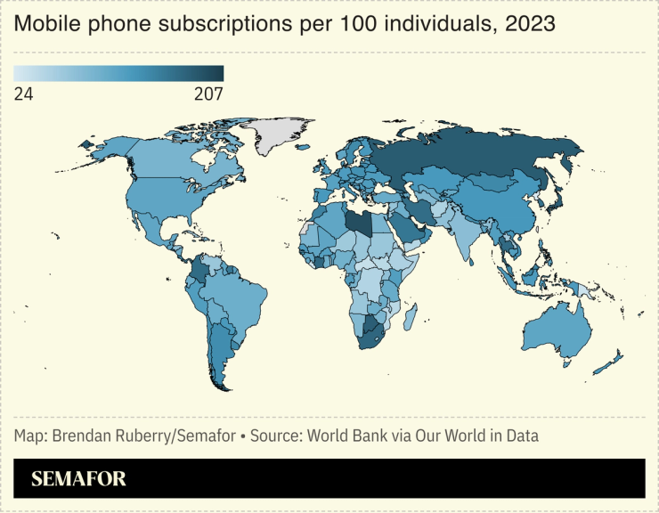 Chart showing mobile phone subscriptions per 100 individuals, 2023