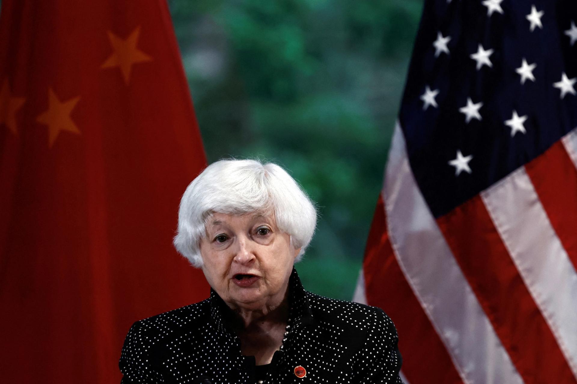 U.S. Treasury Secretary Janet Yellen speaks during an event by the American Chamber of Commerce in China (AmCham China) in Guangzhou, Guangdong province, China April 5, 2024. REUTERS/Tingshu Wang