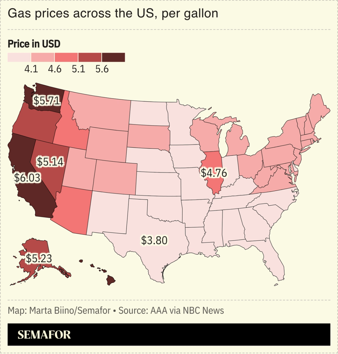 A chart showing gas prices per gallon across the US.